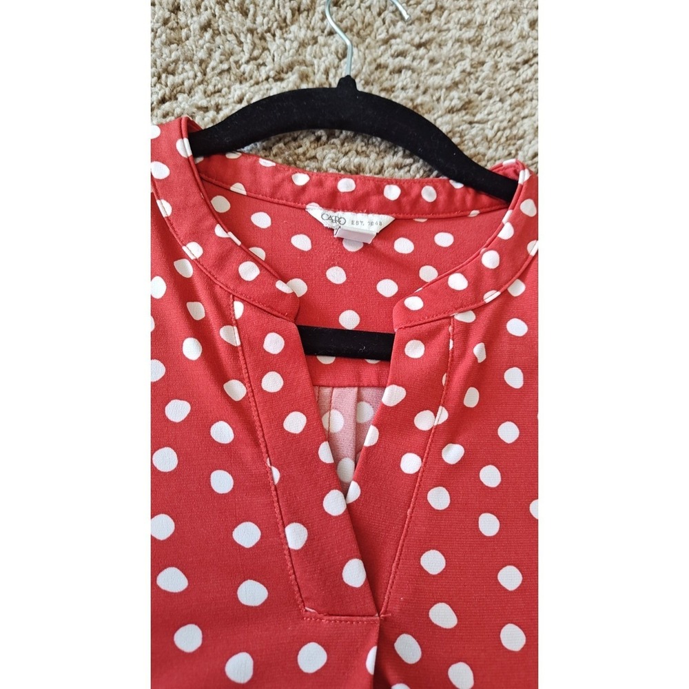 Cato Women Blouse Small Red White Polka Dot Split-Neck Tunic Top Y2K Tab Sleeves - Picture 4 of 12